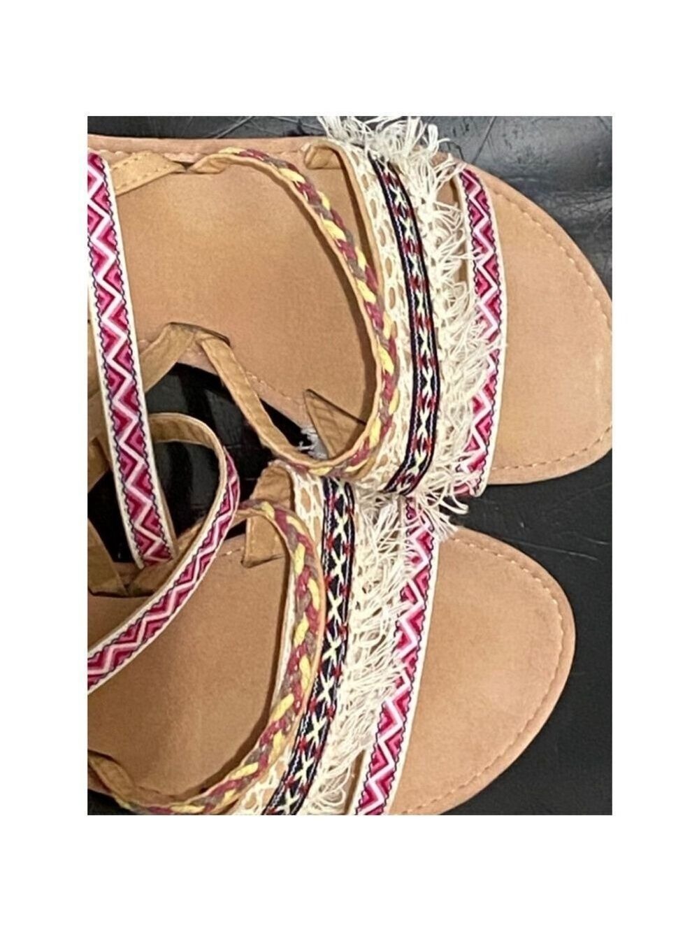 Roper Women's Sandals Tan Pink Blue Yellow Fringe Size 9 - Picture 3 of 11